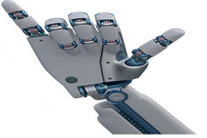Shaka Web Design Services logo featuring a robotic hand with the thumb and pinky finger extended.