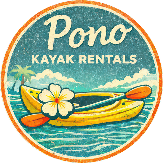 Pono Kayak Rentals logo featuring a yellow kayak with orange paddles and a tropical flower on blue ocean waves with a palm tree background.