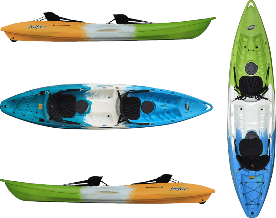 Feelfree Gemini tandem sit-on-top kayak in the various color patterns. Rent your kayak today at Pono Kayak Rentals.