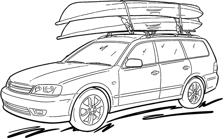An outline drawing of kayaks mounted on the roof of a car.