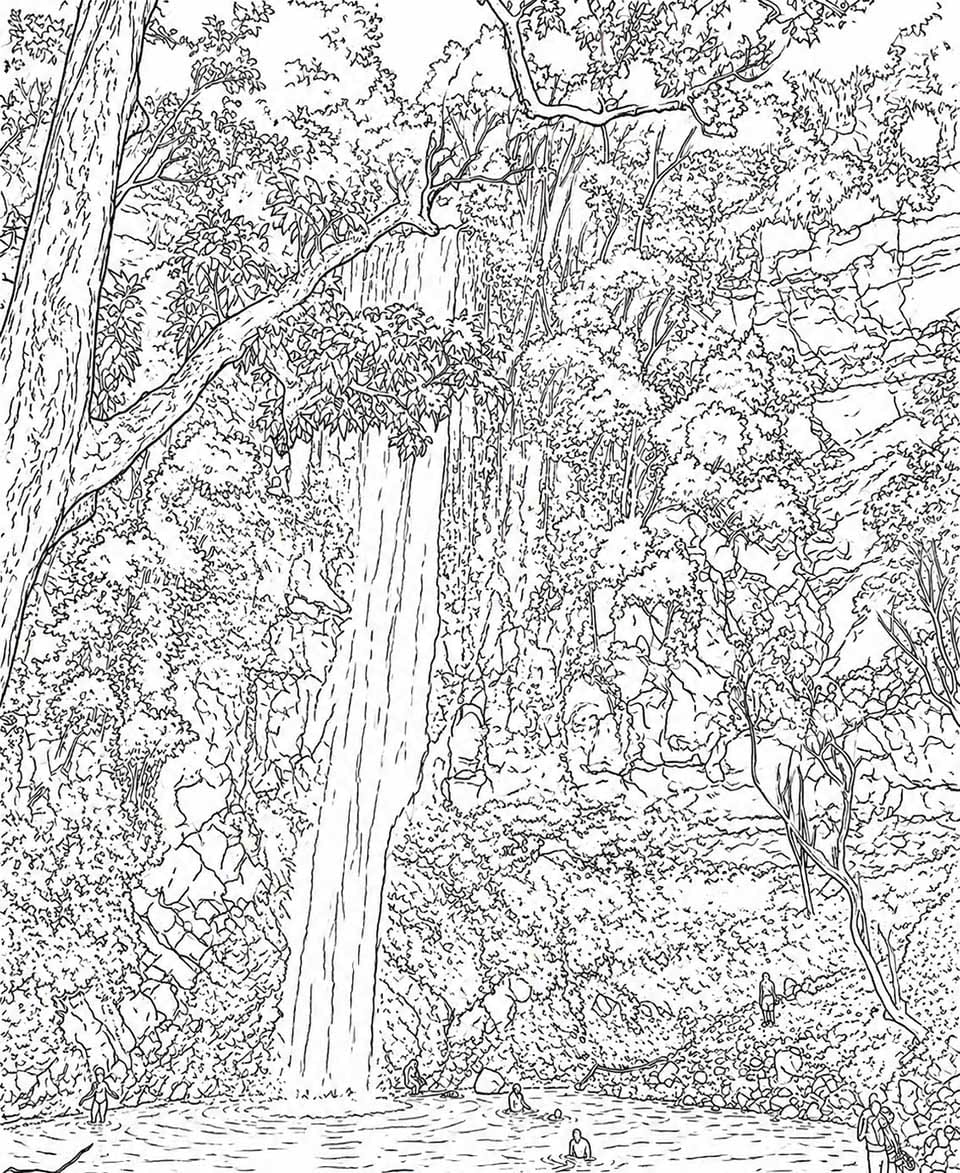 Line drawing of Secret Falls, Kauai.